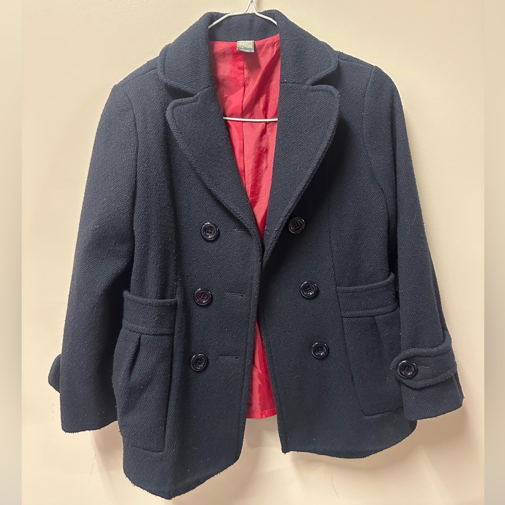 Zara Kids Navy Pea Coat with Red Lining